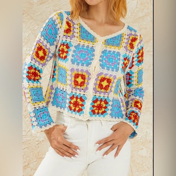 Knit cardigan multicolor long sleeve, classic,‎ loose fit, - Picture 7 of 13